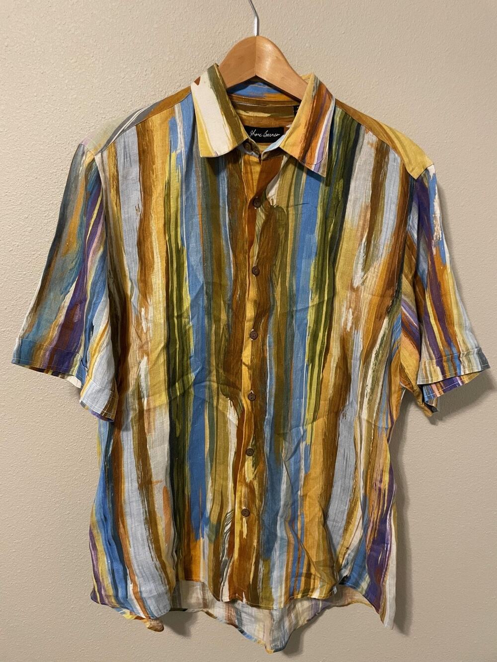 Jhane Barnes Shirt Mens Large Multicolor Striped Linen Short Sleeve Button Up